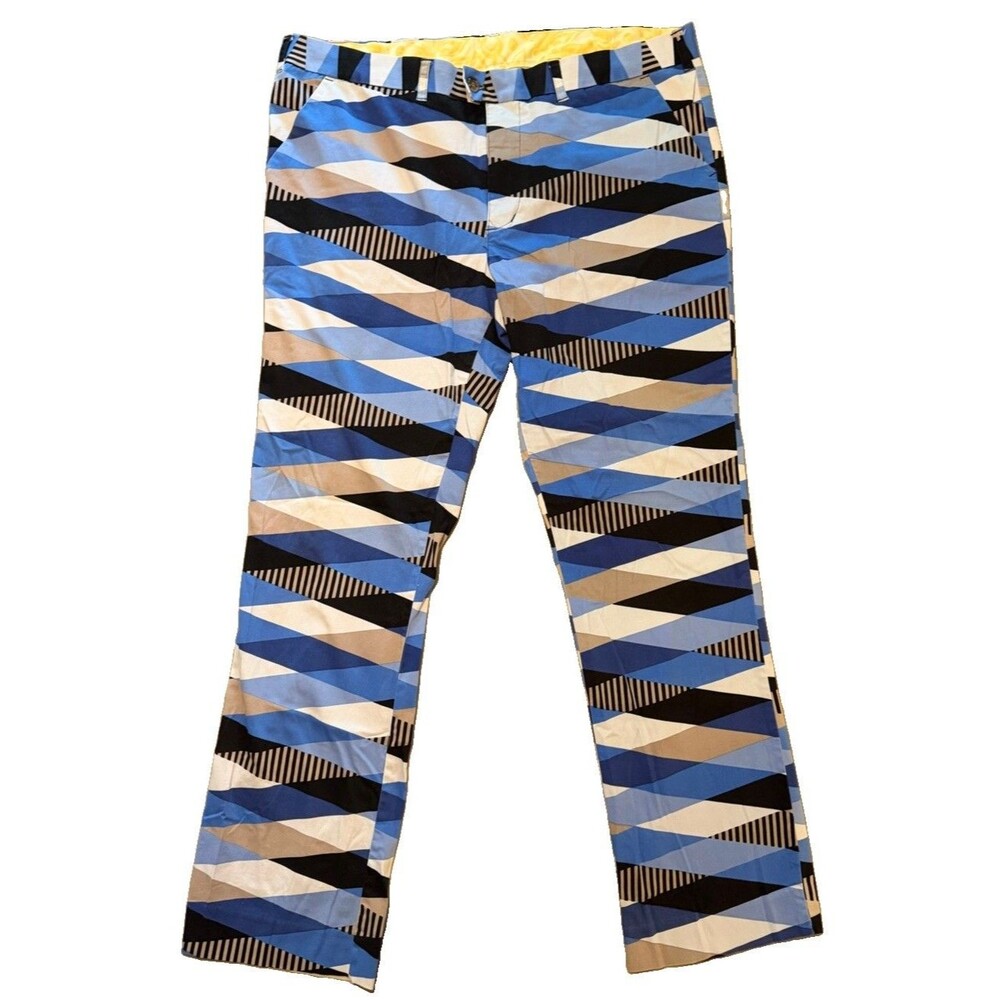 LoudMouth Golf Pants Mens 41x32 Blue Geometric Print Flat Front Trousers Loud